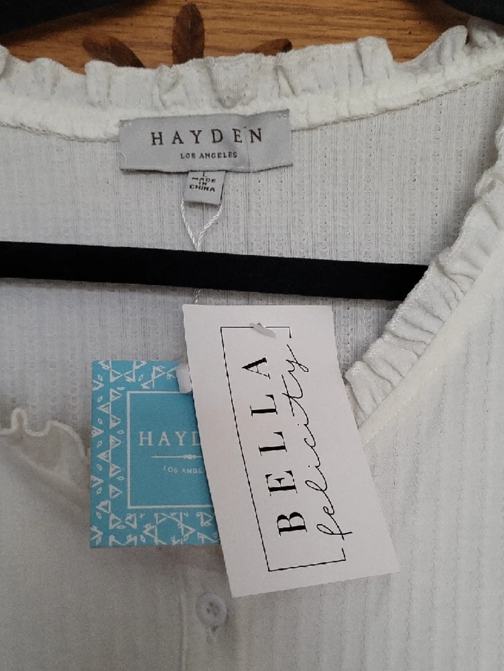 Hayden Cream Ribbed Button-Front Ruffle-Trim Bodysuit - Picture 2 of 5